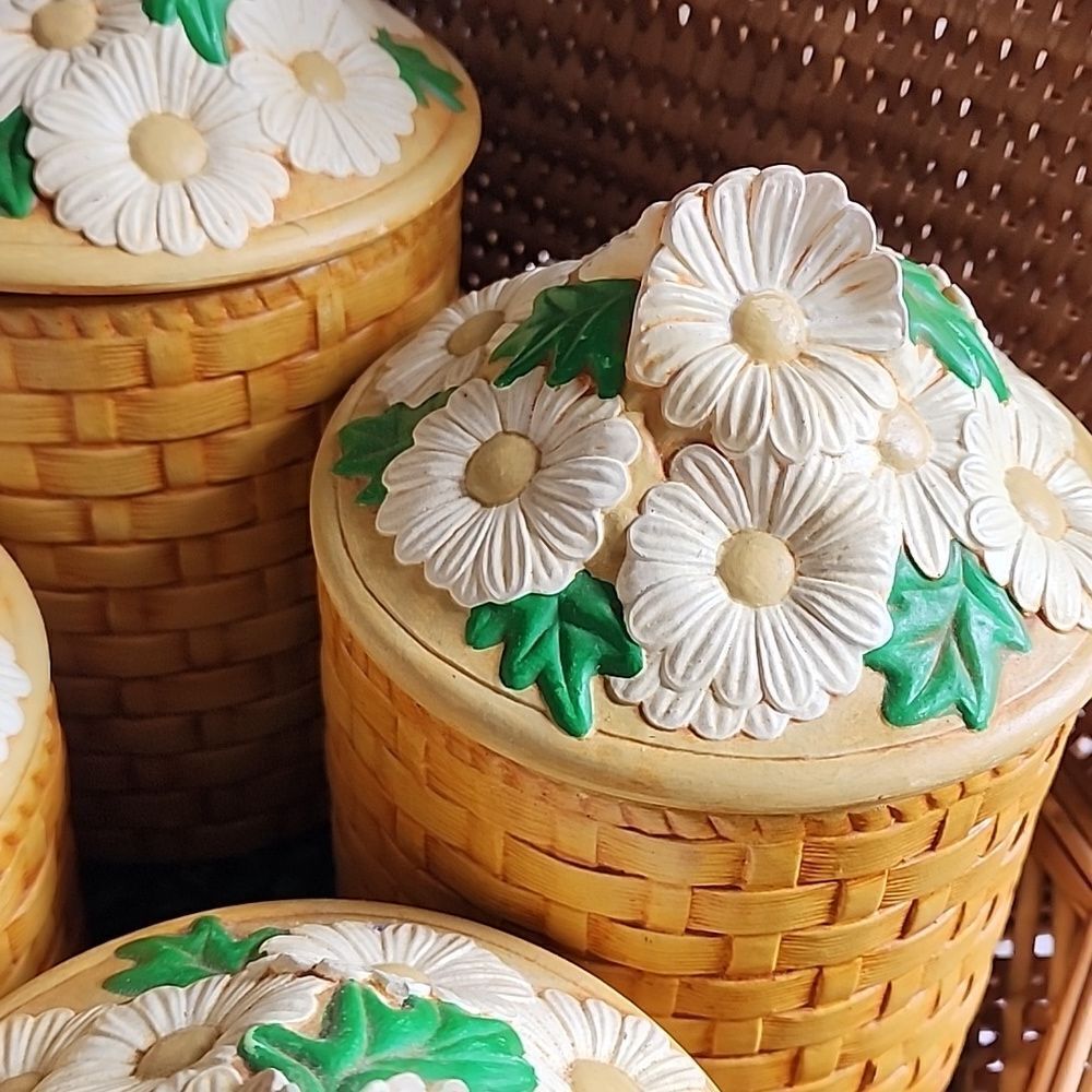 Vintage 70's Set Of 4 Daisy & Basket Weave Ceramic Canisters